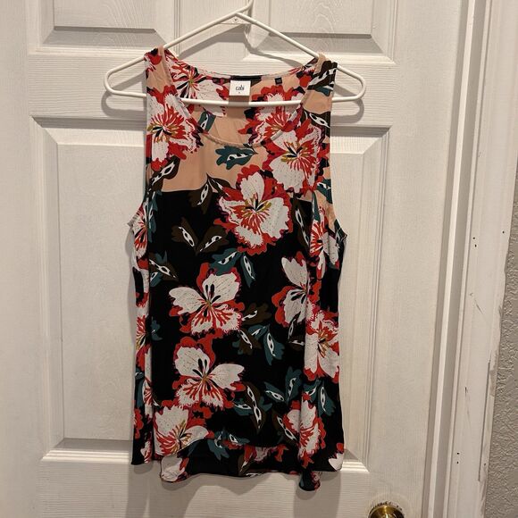 Cabi Hyacinth‎ Hibiscus Floral Vibrant Red Sleeveless Tank Blouse Large Career - Picture 1 of 6